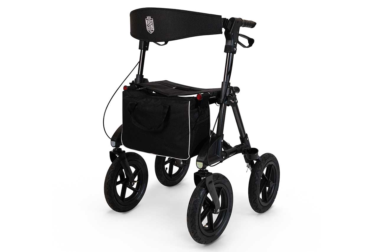 Geländerollator robuster Outdoor Rollator mit Luftbereifung Sitz Lehne - faltbar & leicht in Titanschwarz