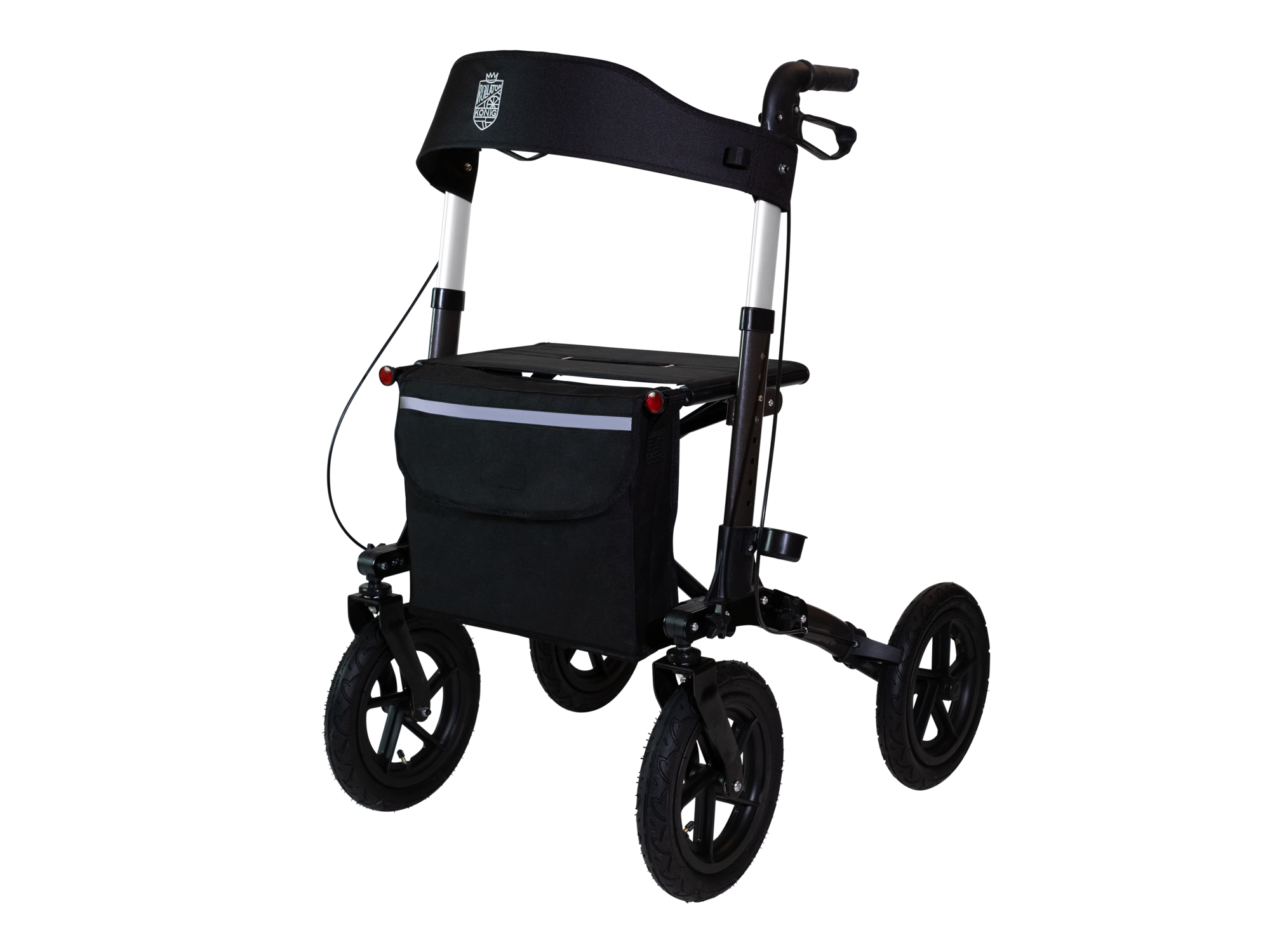 Faltbarer Outdoor Rollator für Reisen mit Luftbereifung Sitz Lehne  und Tasche. Leicht aus Aluminium